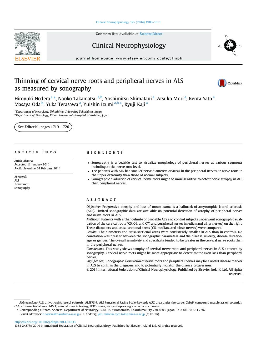 Thinning of cervical nerve roots and peripheral nerves in ALS as measured by sonography