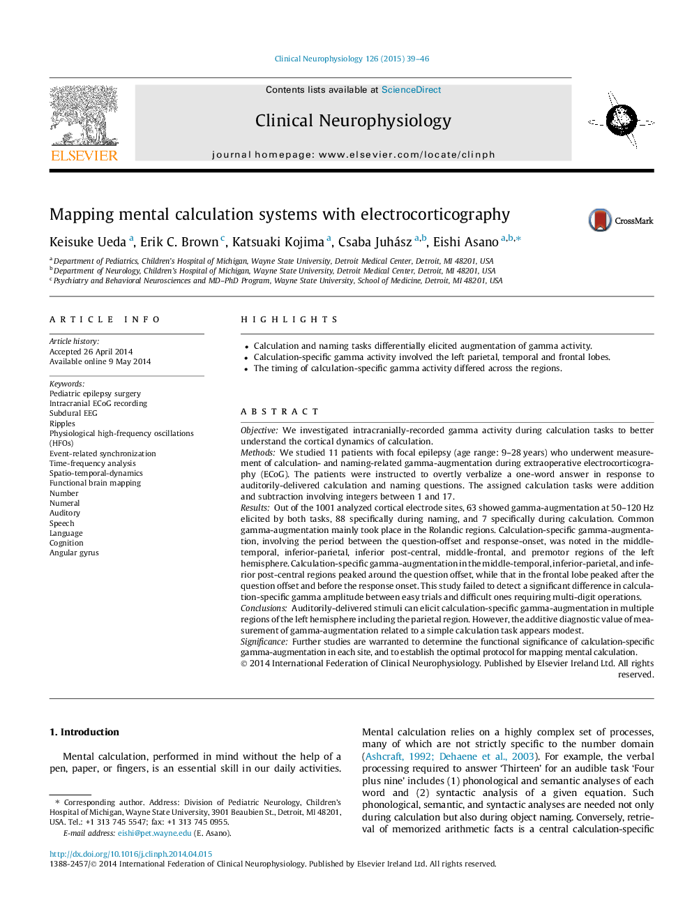 Mapping mental calculation systems with electrocorticography