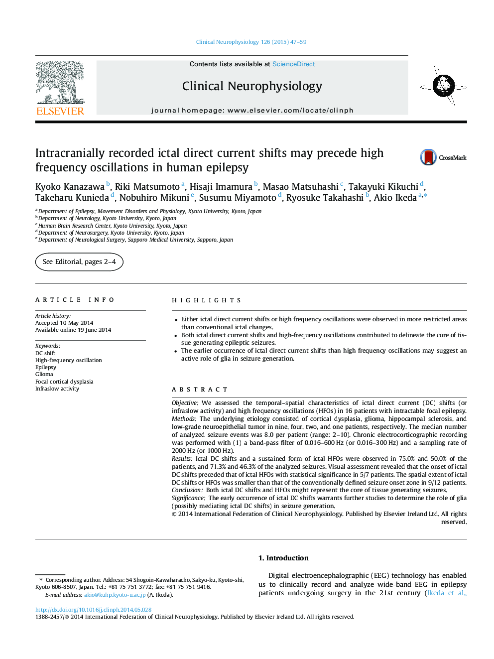 Intracranially recorded ictal direct current shifts may precede high frequency oscillations in human epilepsy