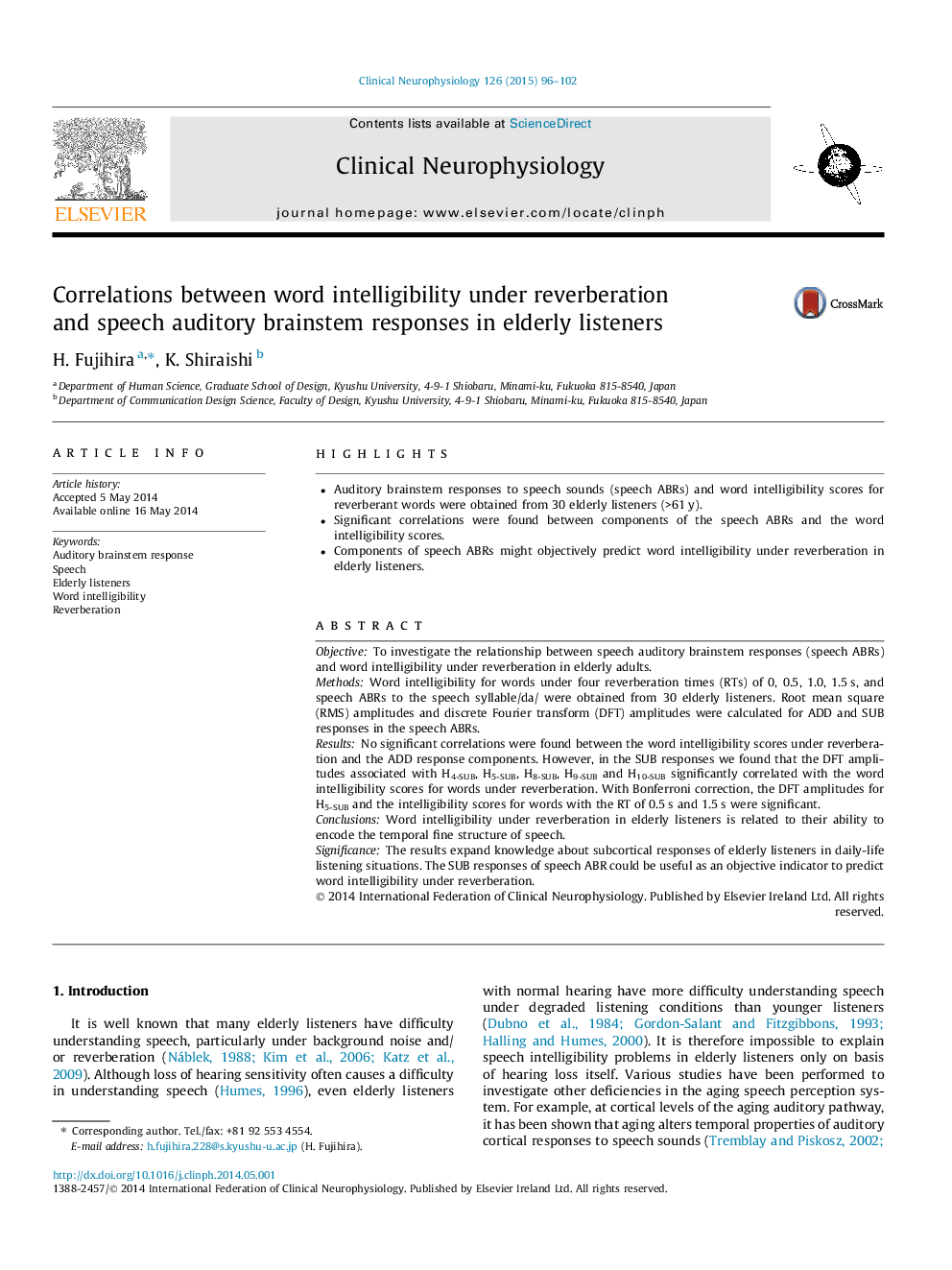 Correlations between word intelligibility under reverberation and speech auditory brainstem responses in elderly listeners