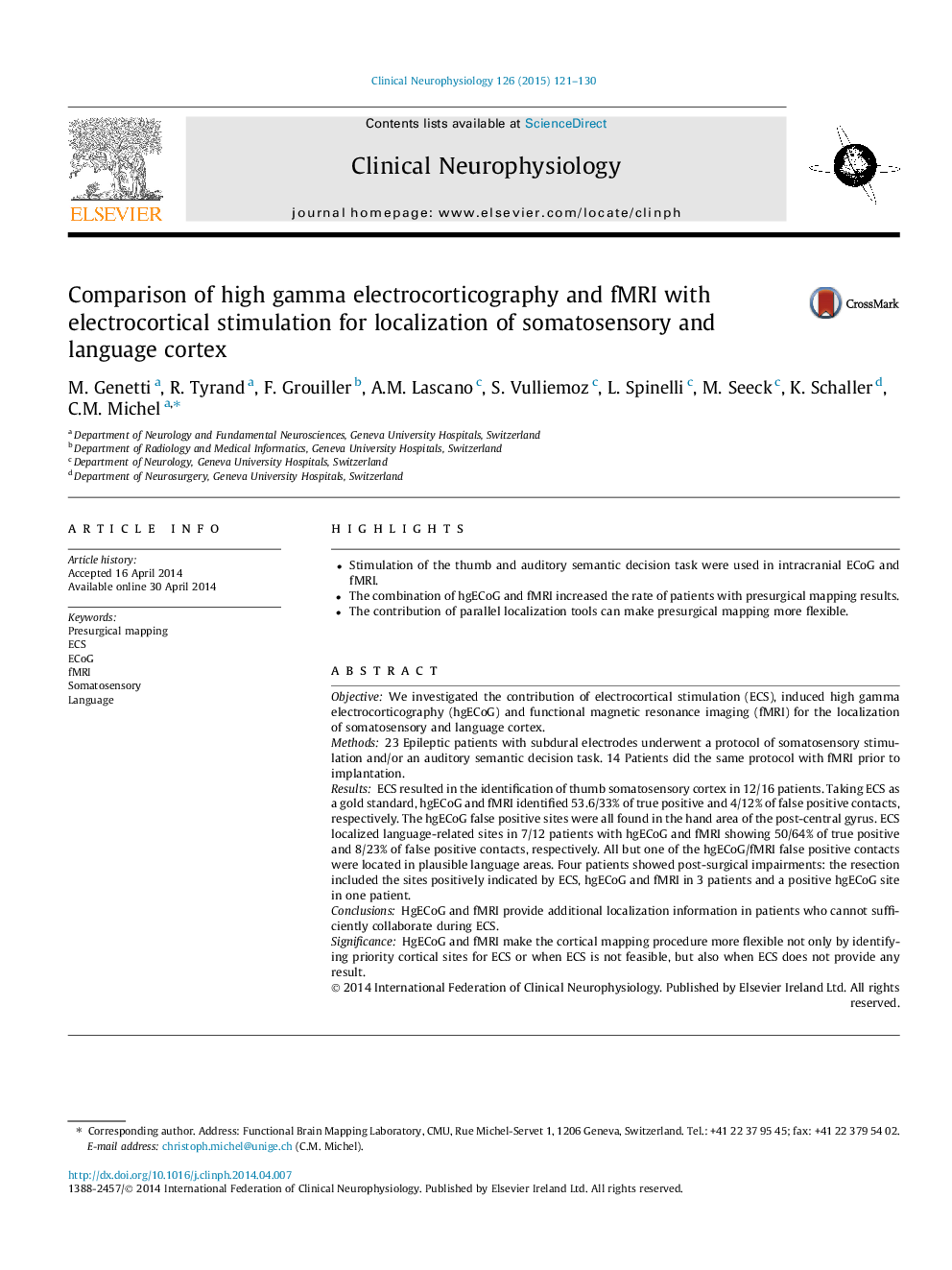 Comparison of high gamma electrocorticography and fMRI with electrocortical stimulation for localization of somatosensory and language cortex