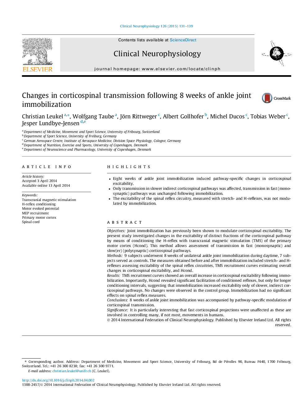 Changes in corticospinal transmission following 8 weeks of ankle joint immobilization