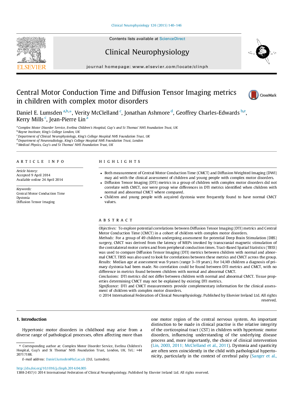 Central Motor Conduction Time and Diffusion Tensor Imaging metrics in children with complex motor disorders