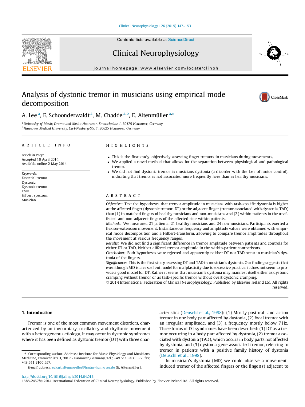 Analysis of dystonic tremor in musicians using empirical mode decomposition