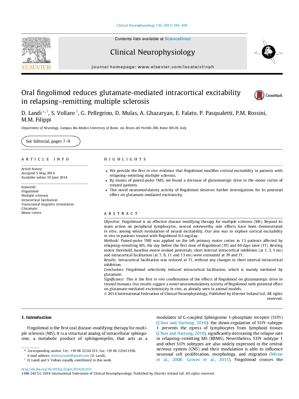 Oral fingolimod reduces glutamate-mediated intracortical excitability in relapsing–remitting multiple sclerosis