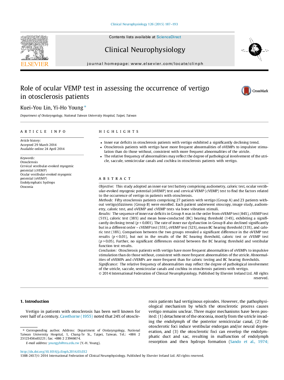 Role of ocular VEMP test in assessing the occurrence of vertigo in otosclerosis patients