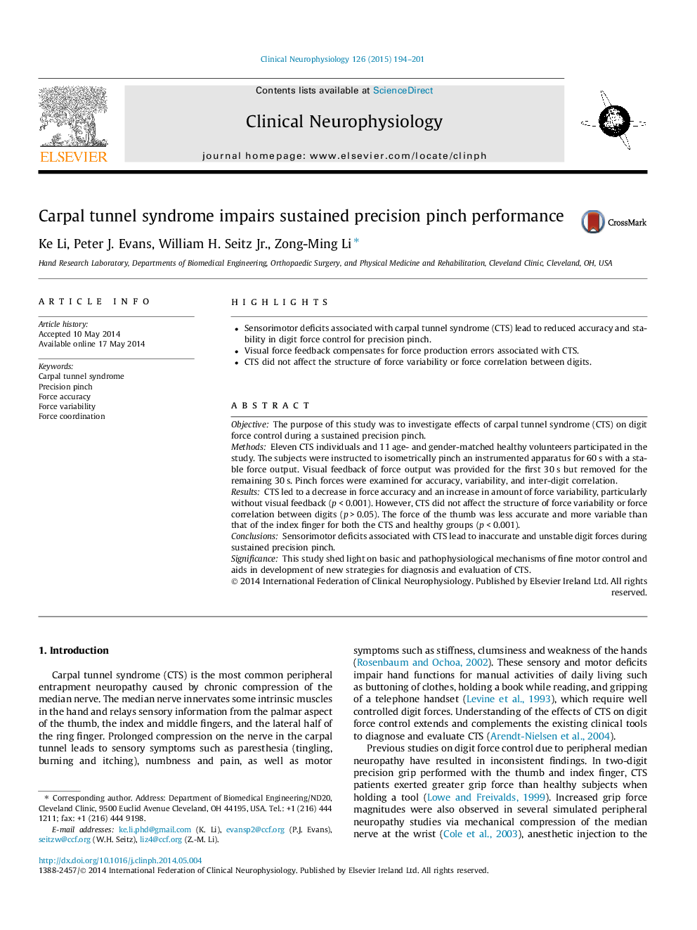 Carpal tunnel syndrome impairs sustained precision pinch performance