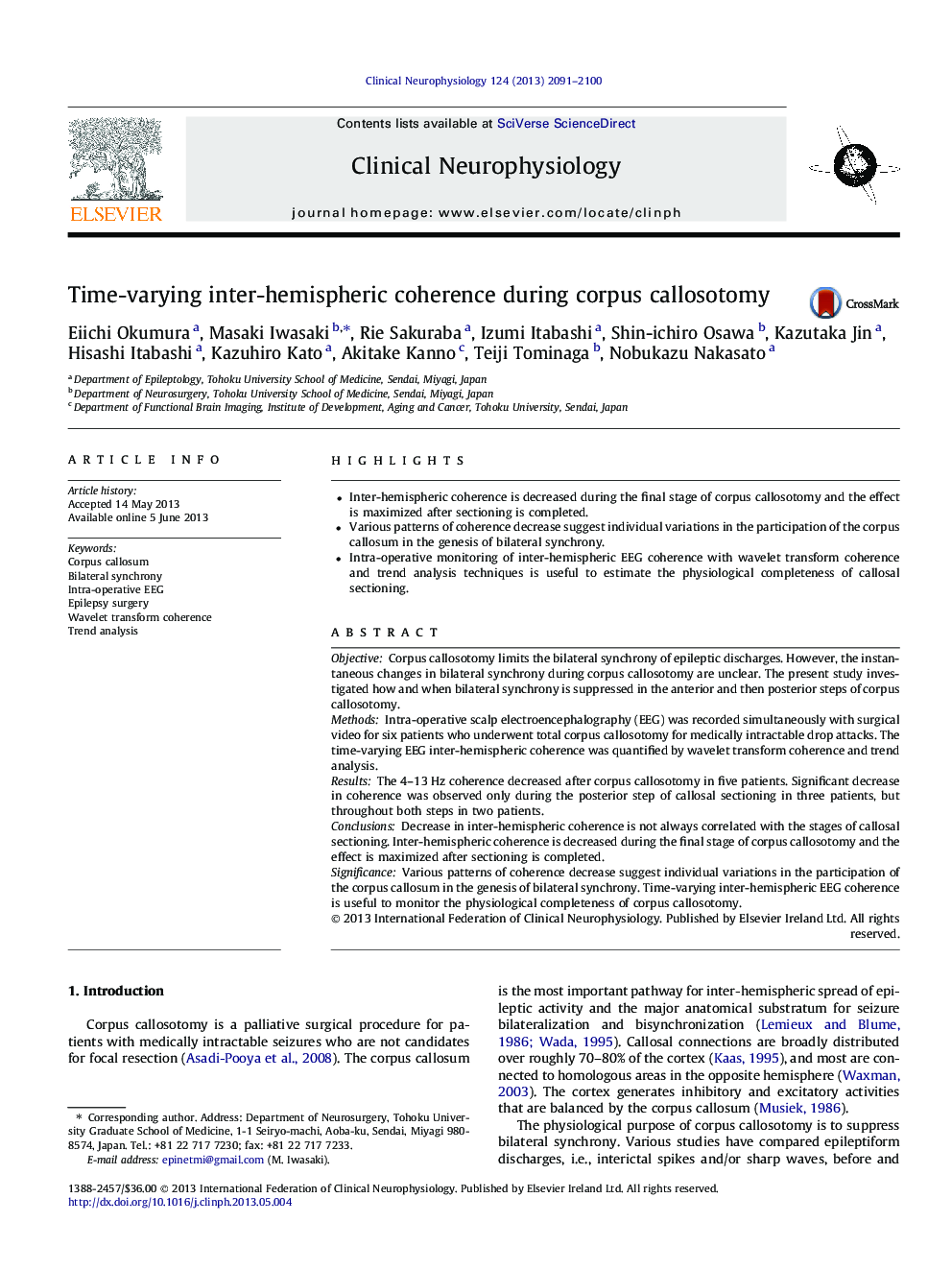 Time-varying inter-hemispheric coherence during corpus callosotomy