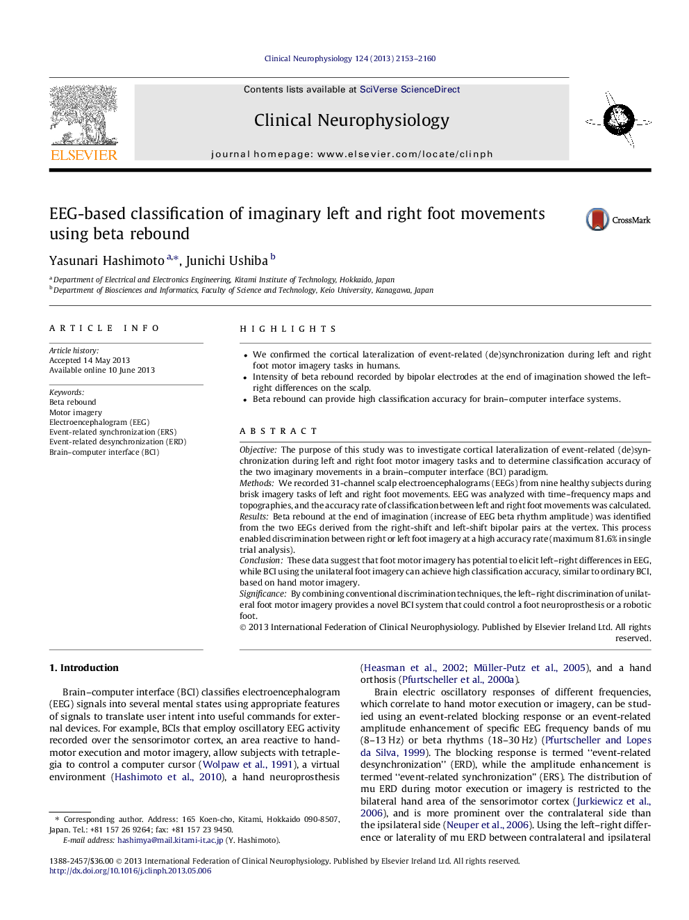 EEG-based classification of imaginary left and right foot movements using beta rebound