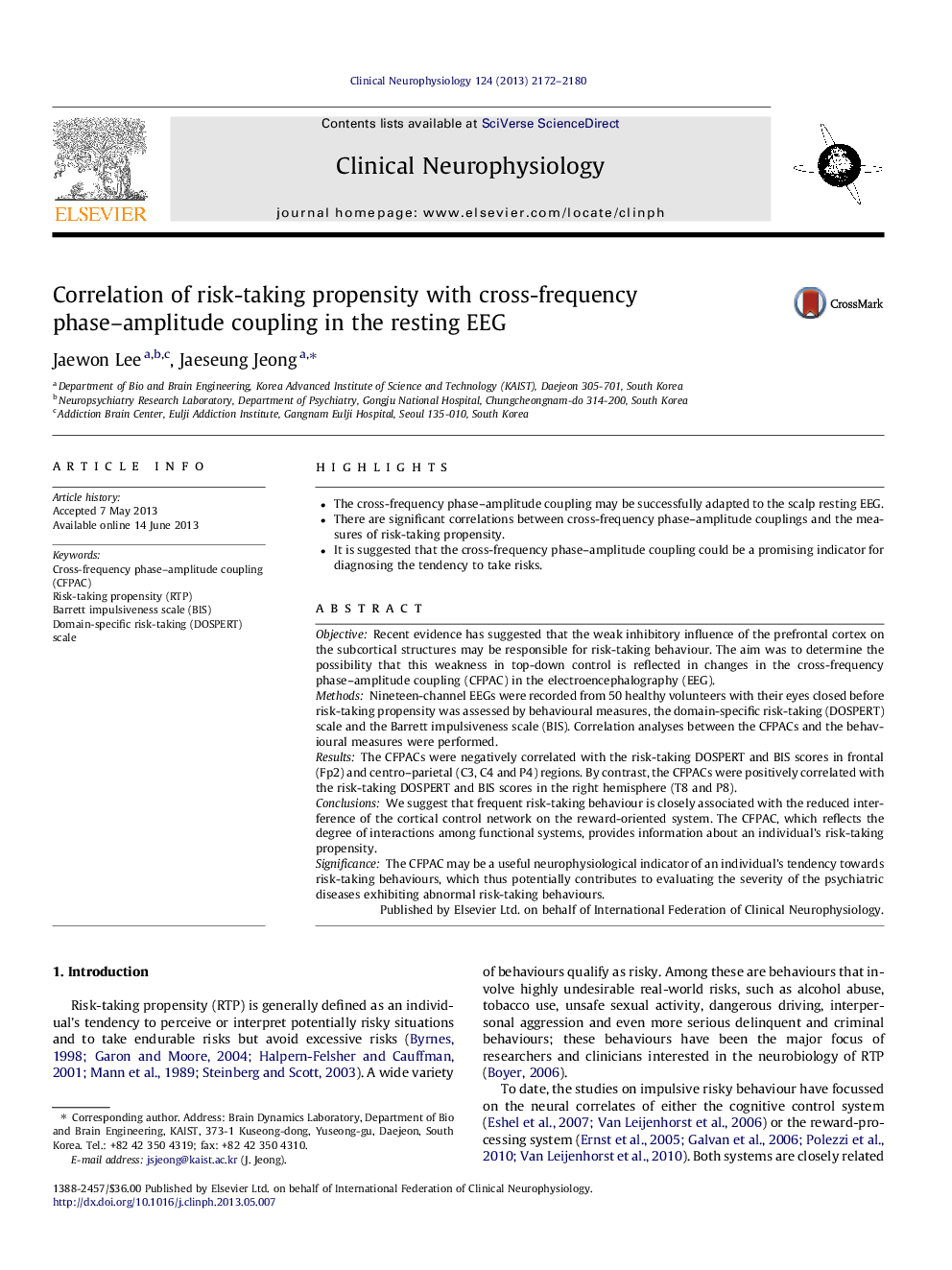 Correlation of risk-taking propensity with cross-frequency phase–amplitude coupling in the resting EEG