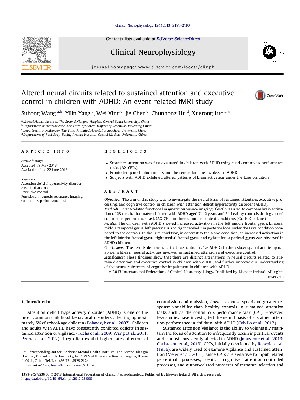 Altered neural circuits related to sustained attention and executive control in children with ADHD: An event-related fMRI study