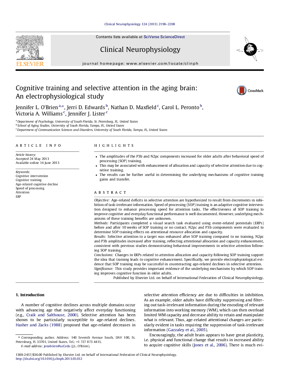 Cognitive training and selective attention in the aging brain: An electrophysiological study