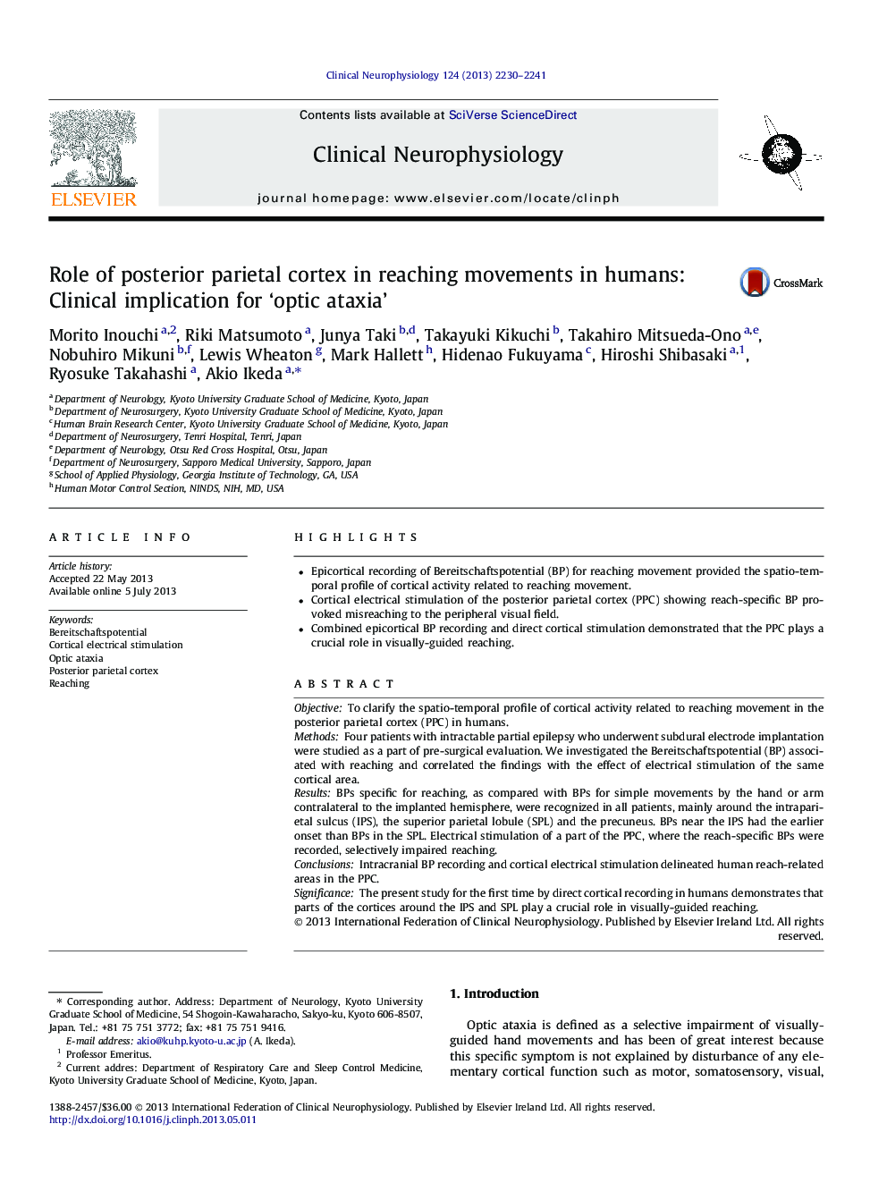 Role of posterior parietal cortex in reaching movements in humans: Clinical implication for ‘optic ataxia’