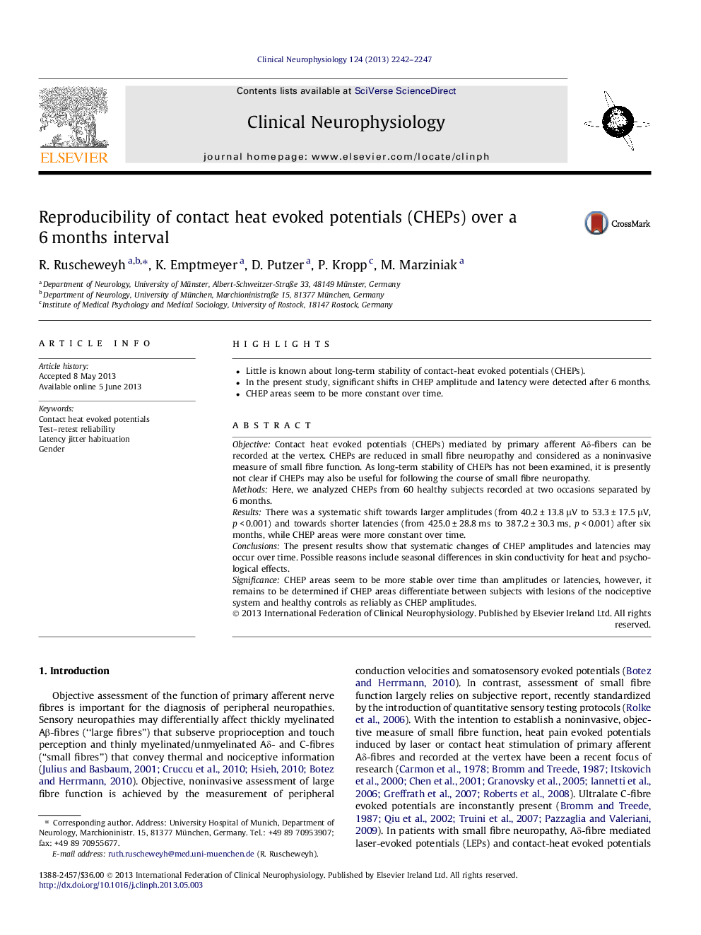 Reproducibility of contact heat evoked potentials (CHEPs) over a 6 months interval