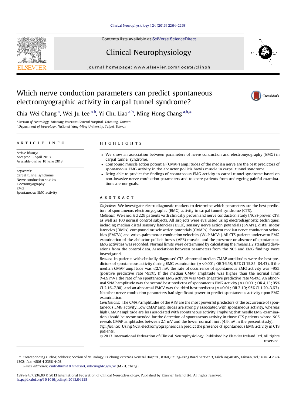 Which nerve conduction parameters can predict spontaneous electromyographic activity in carpal tunnel syndrome?