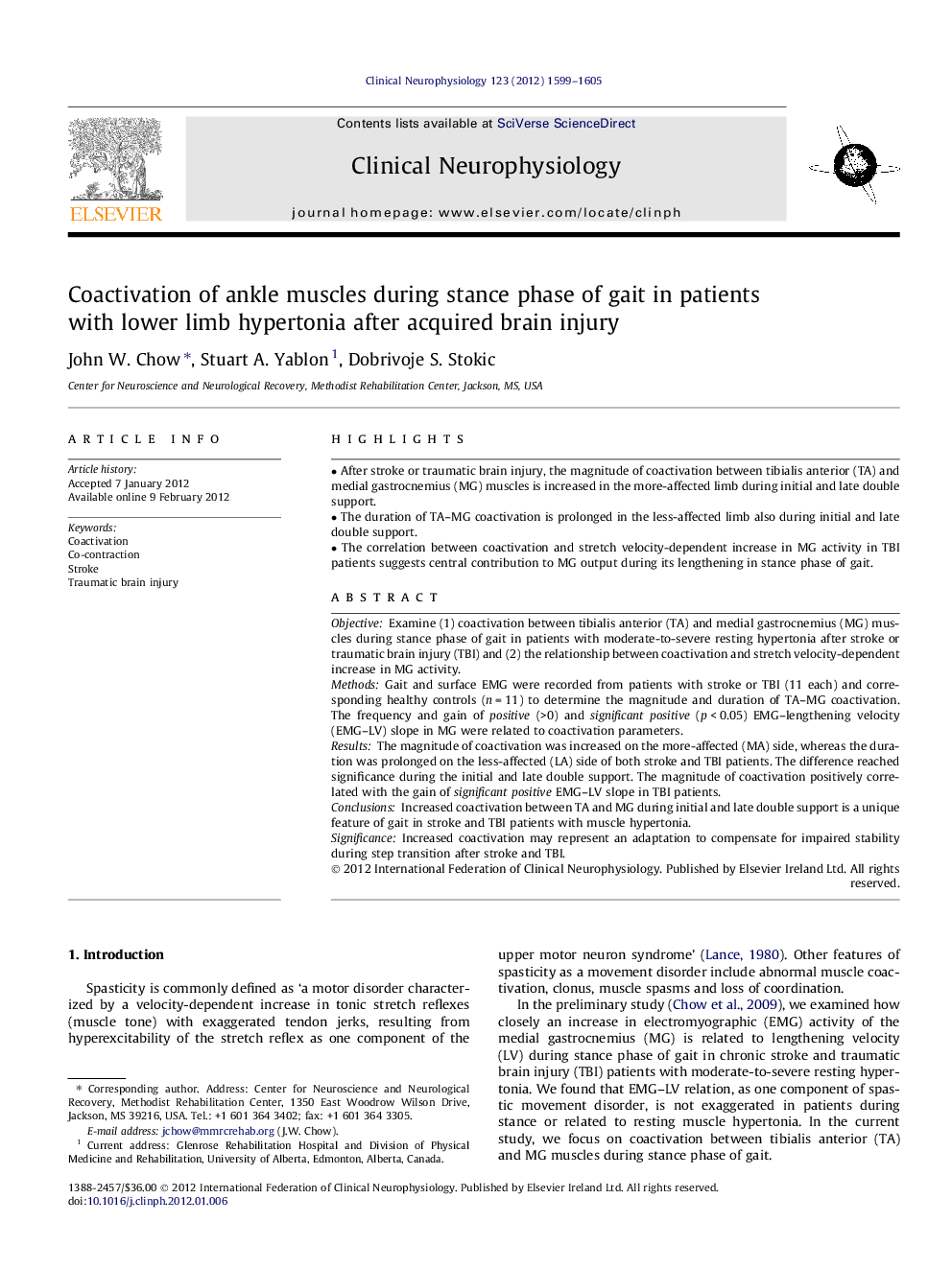 Coactivation of ankle muscles during stance phase of gait in patients with lower limb hypertonia after acquired brain injury