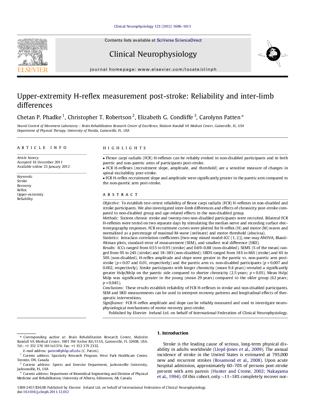 Upper-extremity H-reflex measurement post-stroke: Reliability and inter-limb differences