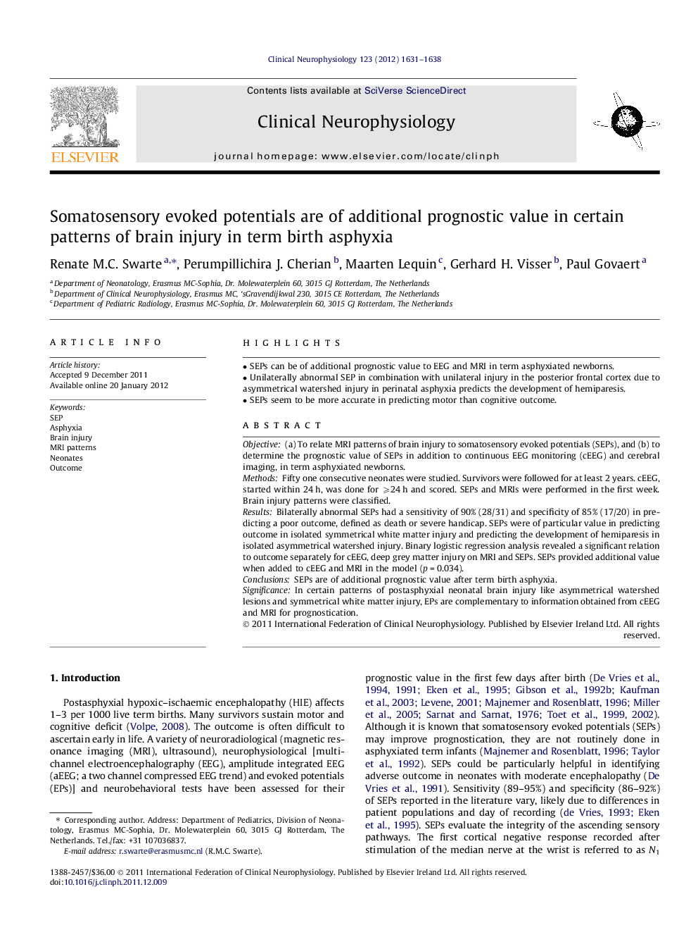 Somatosensory evoked potentials are of additional prognostic value in certain patterns of brain injury in term birth asphyxia