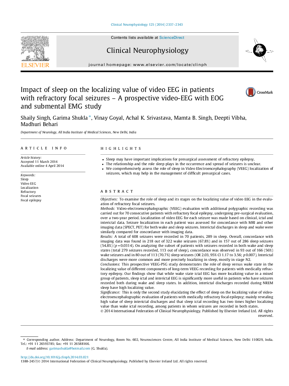 Impact of sleep on the localizing value of video EEG in patients with refractory focal seizures – A prospective video-EEG with EOG and submental EMG study