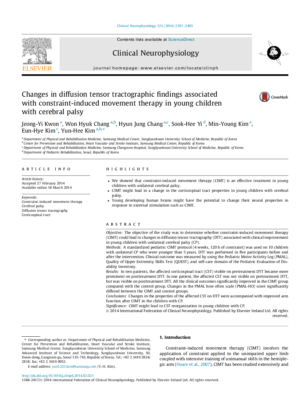 Changes in diffusion tensor tractographic findings associated with constraint-induced movement therapy in young children with cerebral palsy