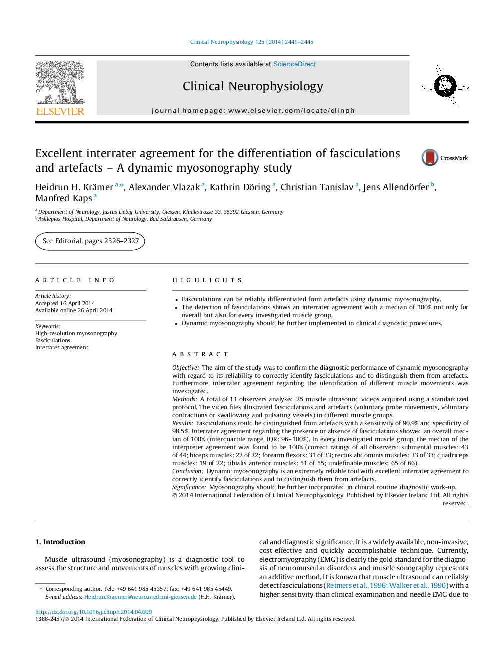 Excellent interrater agreement for the differentiation of fasciculations and artefacts – A dynamic myosonography study