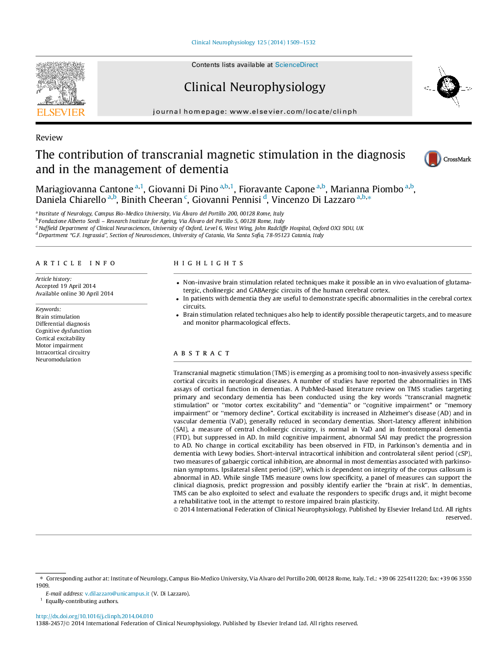 The contribution of transcranial magnetic stimulation in the diagnosis and in the management of dementia