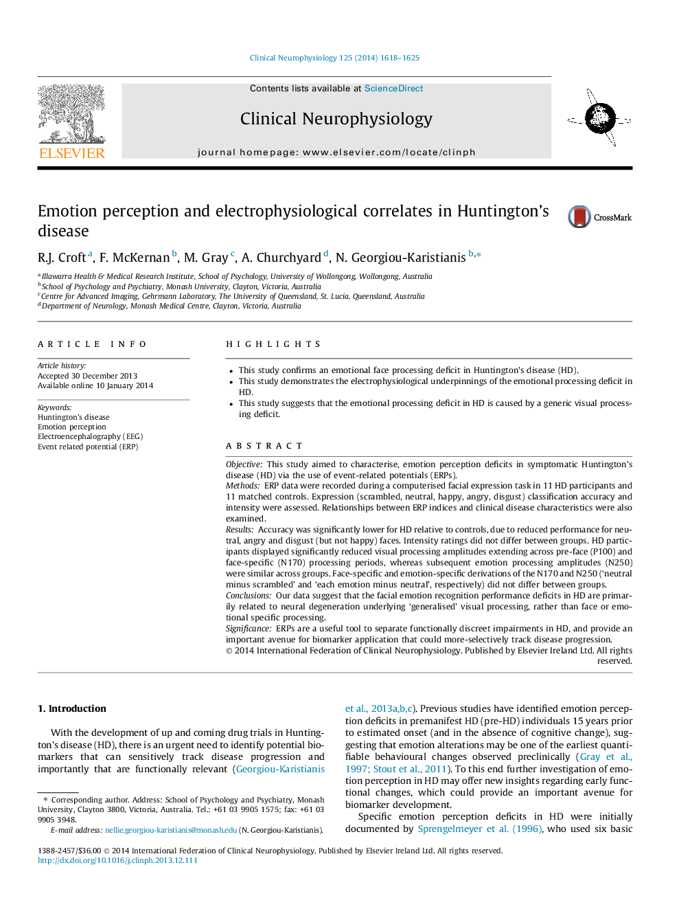 Emotion perception and electrophysiological correlates in Huntington’s disease