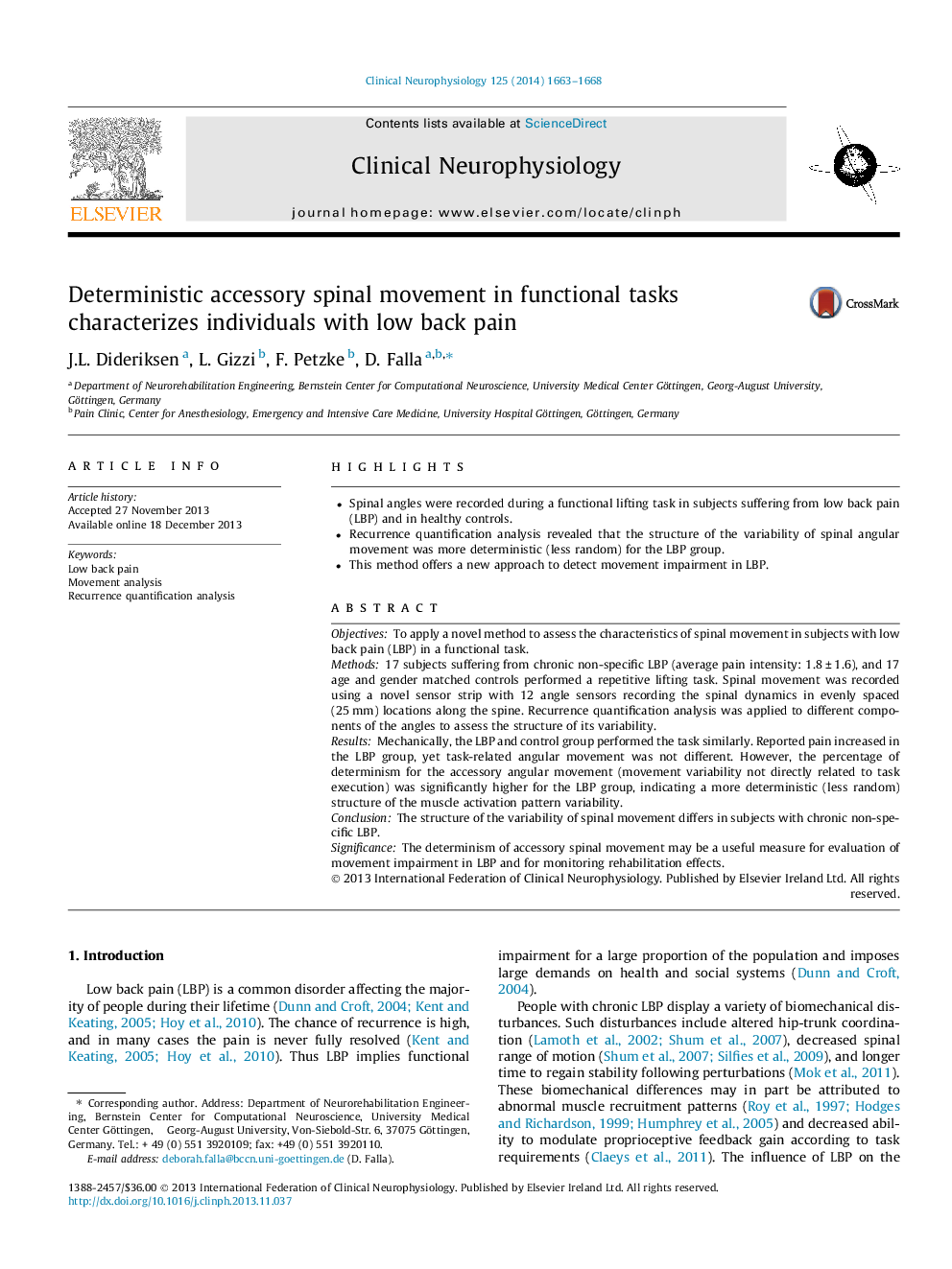 Deterministic accessory spinal movement in functional tasks characterizes individuals with low back pain