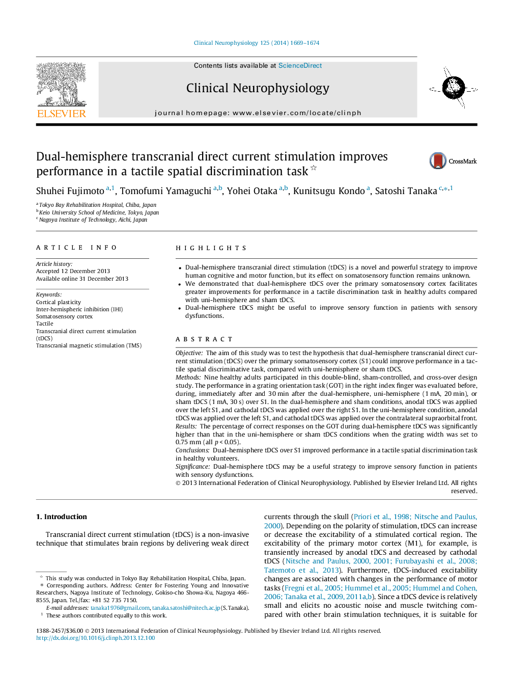 Dual-hemisphere transcranial direct current stimulation improves performance in a tactile spatial discrimination task 