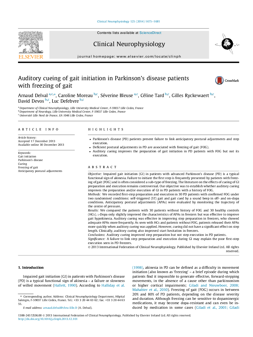 Auditory cueing of gait initiation in Parkinson’s disease patients with freezing of gait