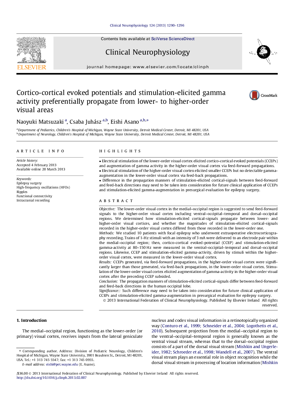 Cortico-cortical evoked potentials and stimulation-elicited gamma activity preferentially propagate from lower- to higher-order visual areas