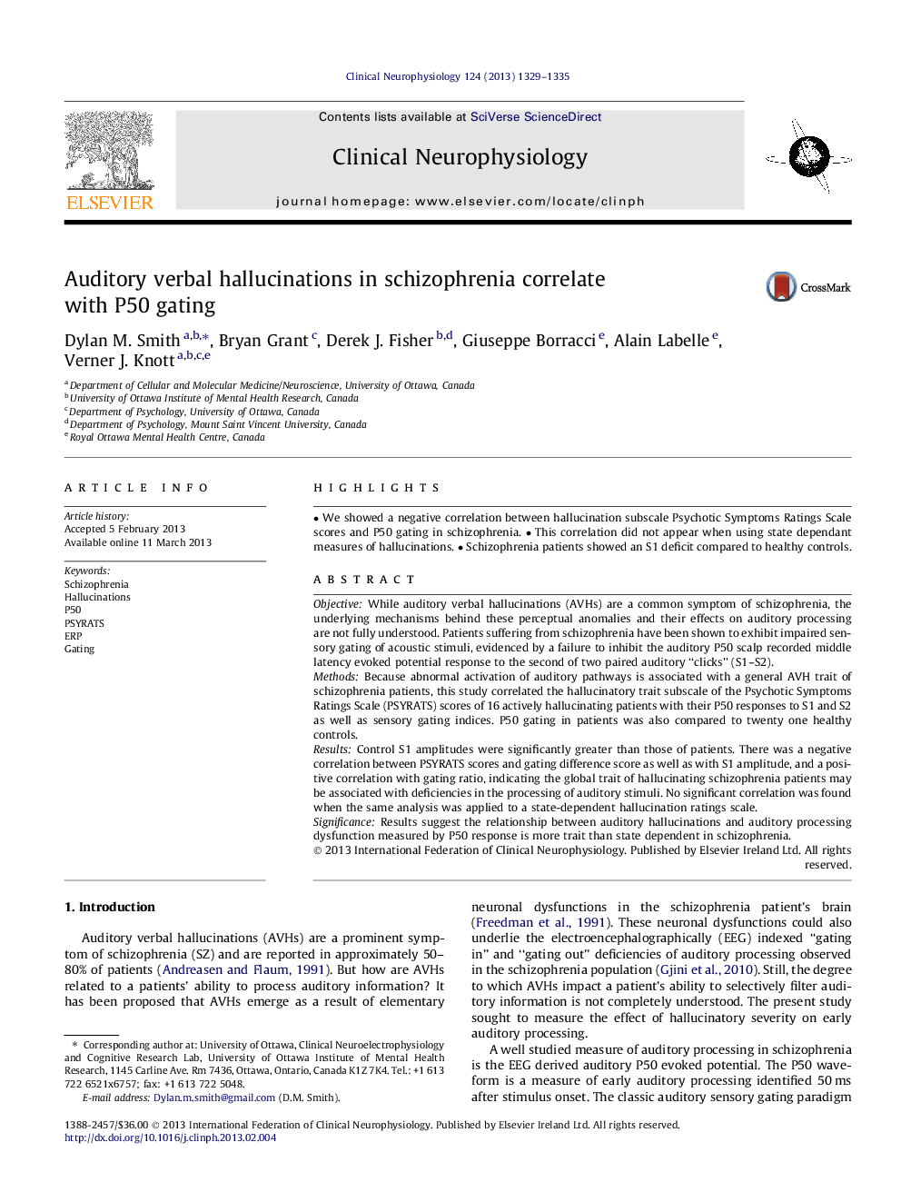 Auditory verbal hallucinations in schizophrenia correlate with P50 gating