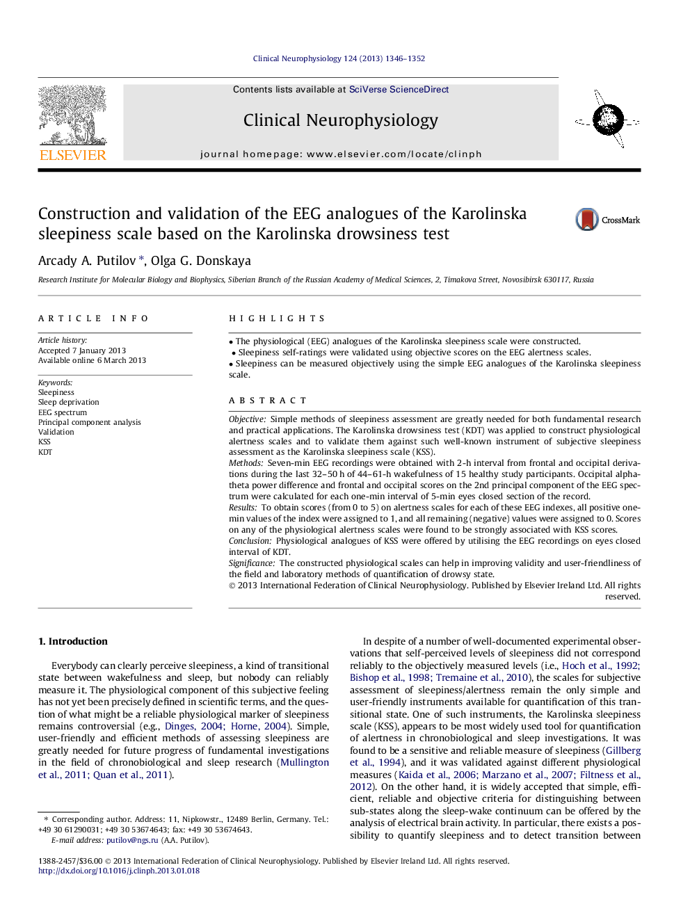 Construction and validation of the EEG analogues of the Karolinska sleepiness scale based on the Karolinska drowsiness test