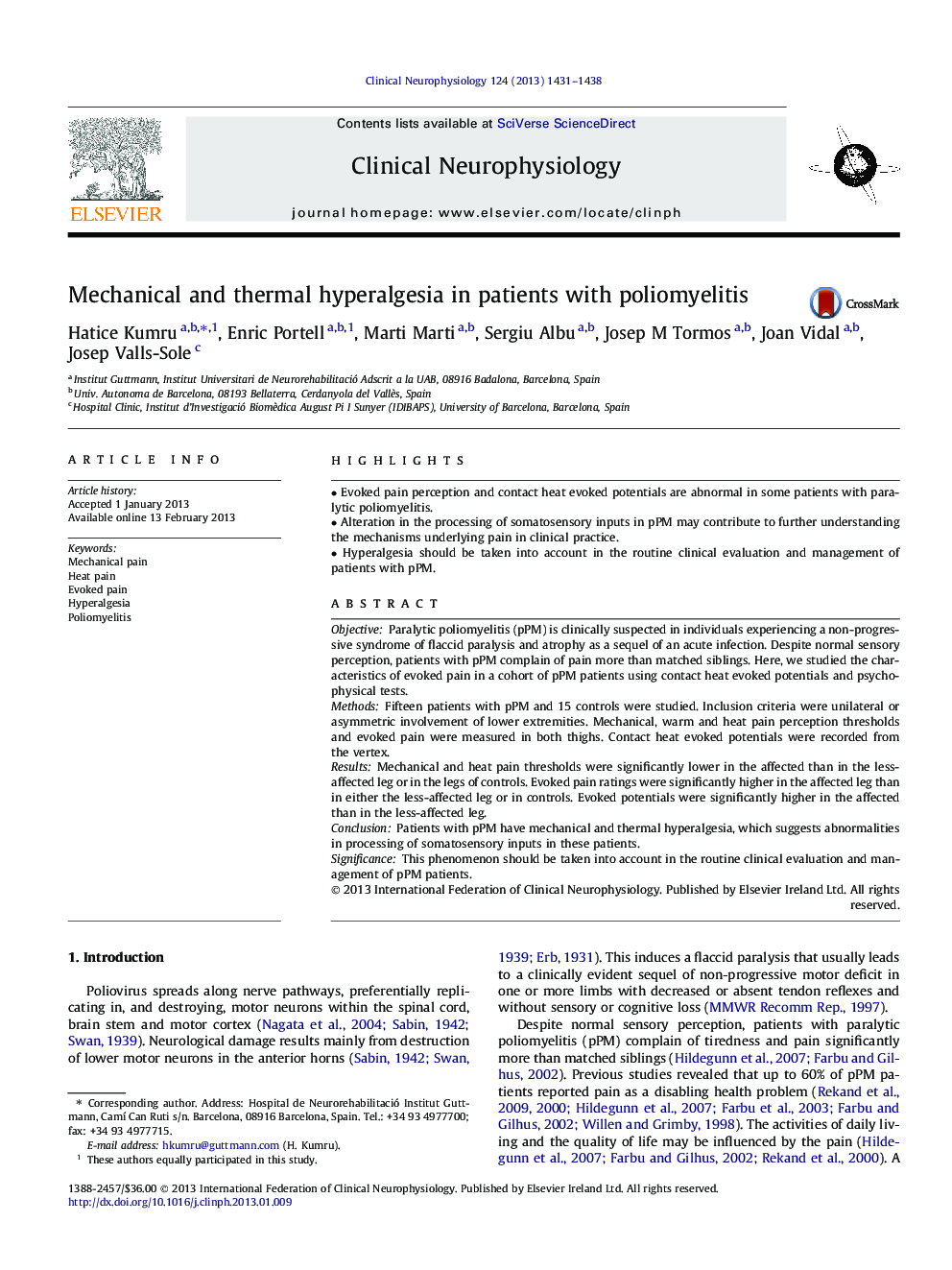 Mechanical and thermal hyperalgesia in patients with poliomyelitis