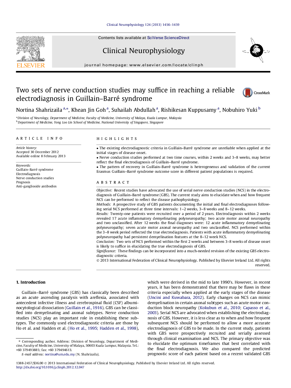 Two sets of nerve conduction studies may suffice in reaching a reliable electrodiagnosis in Guillain–Barré syndrome