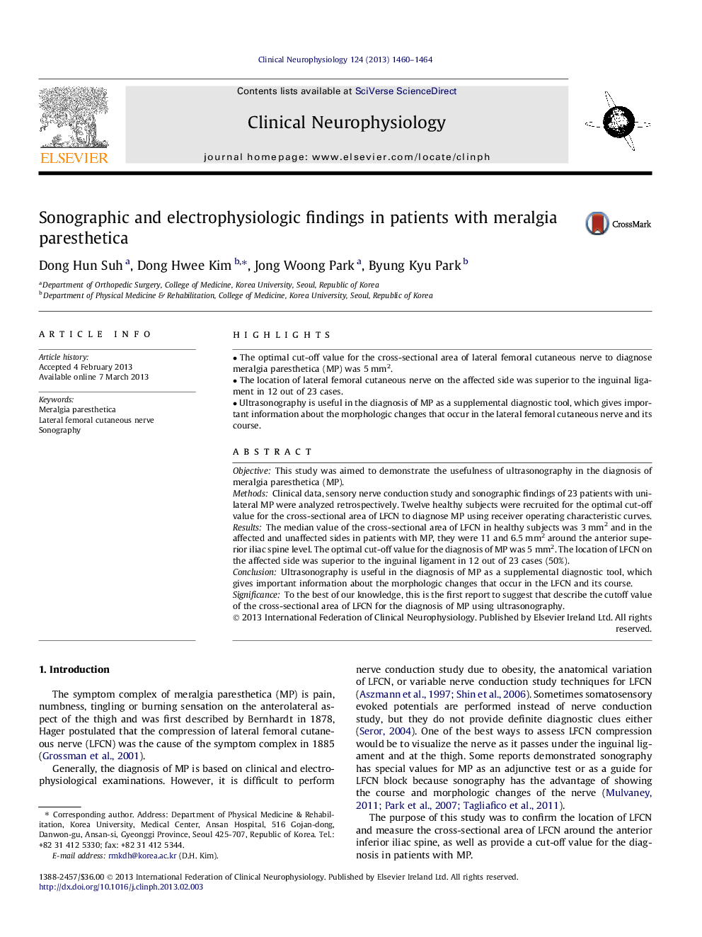 Sonographic and electrophysiologic findings in patients with meralgia paresthetica