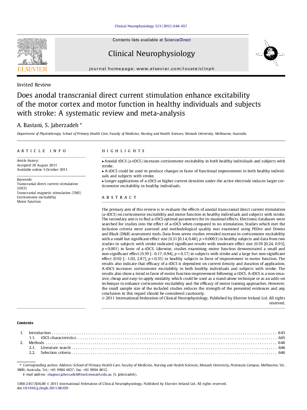 Does anodal transcranial direct current stimulation enhance excitability of the motor cortex and motor function in healthy individuals and subjects with stroke: A systematic review and meta-analysis