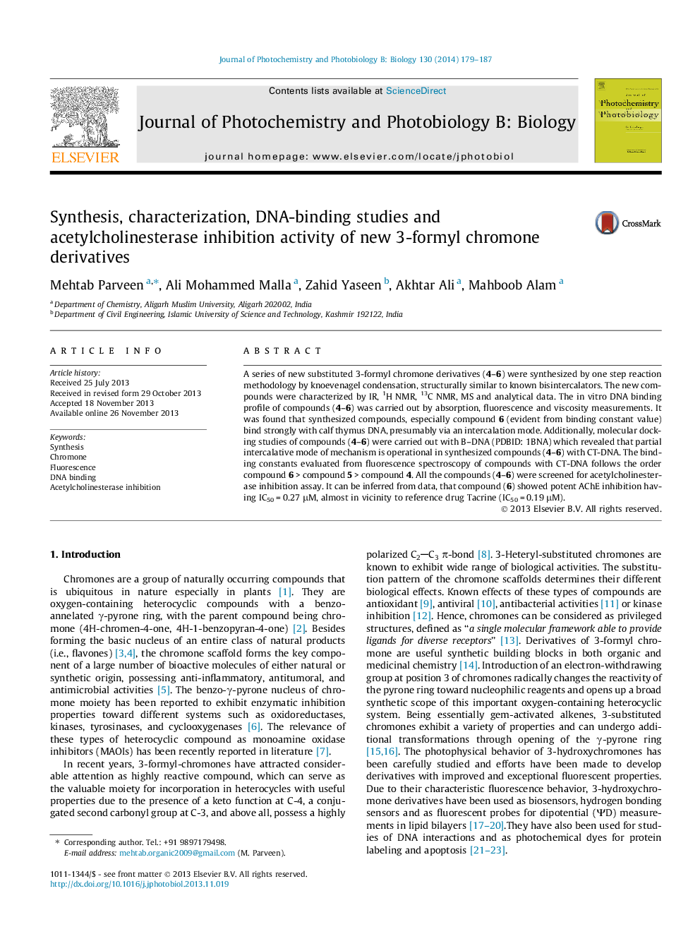 Synthesis, characterization, DNA-binding studies and acetylcholinesterase inhibition activity of new 3-formyl chromone derivatives