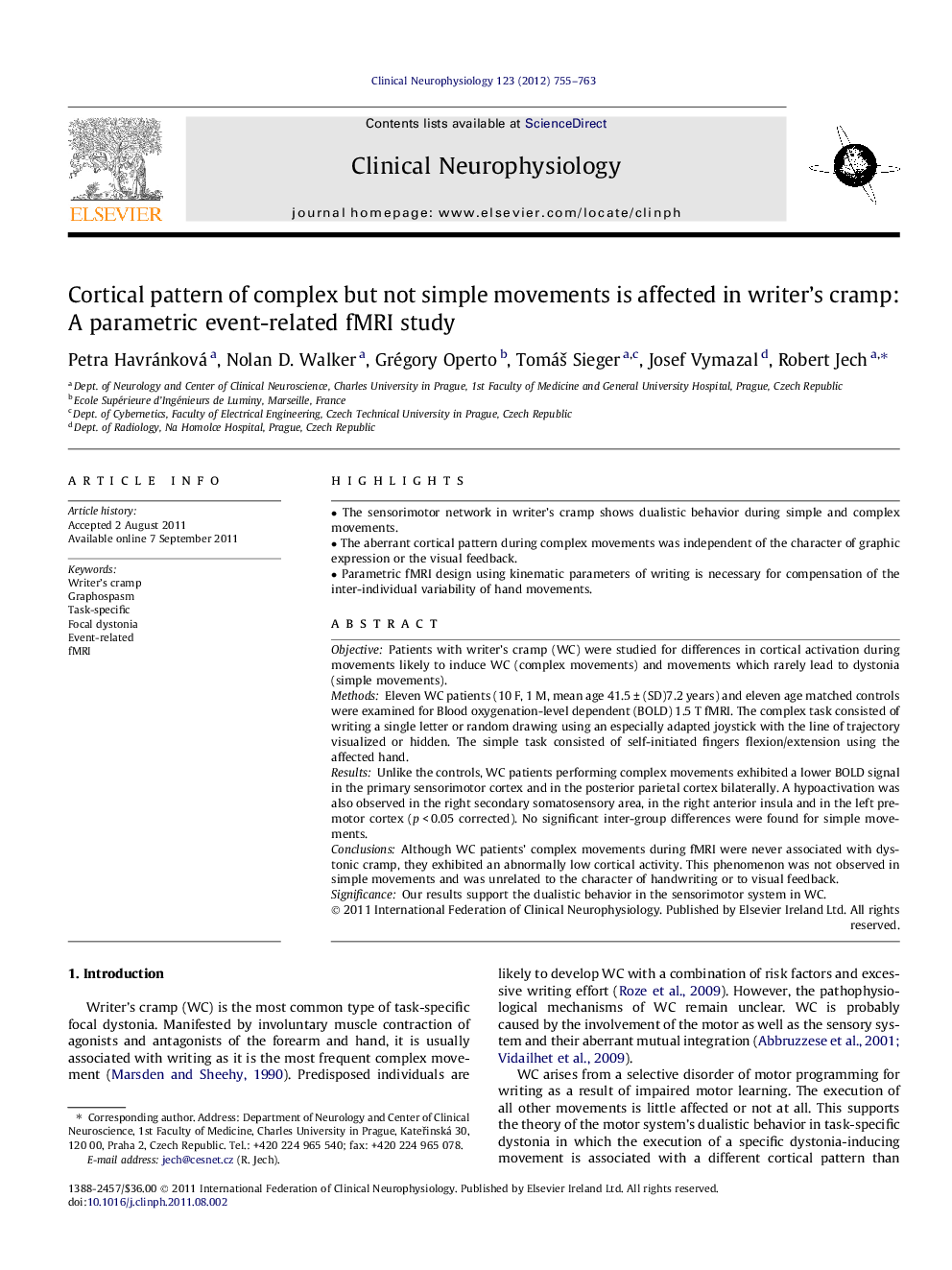 Cortical pattern of complex but not simple movements is affected in writer’s cramp: A parametric event-related fMRI study