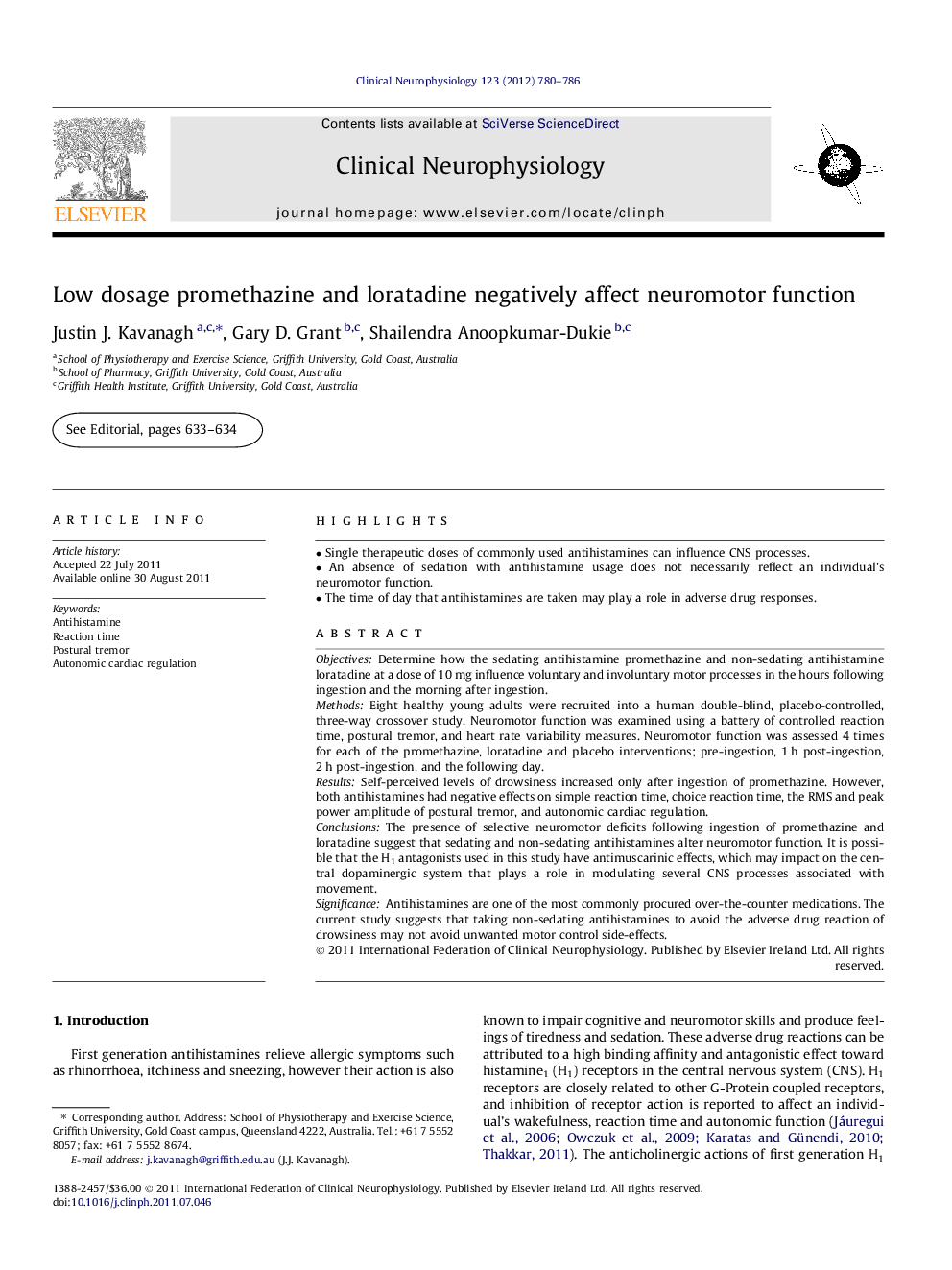 Low dosage promethazine and loratadine negatively affect neuromotor function