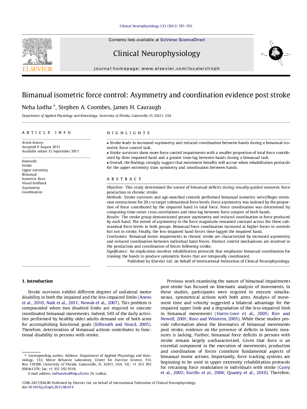 Bimanual isometric force control: Asymmetry and coordination evidence post stroke