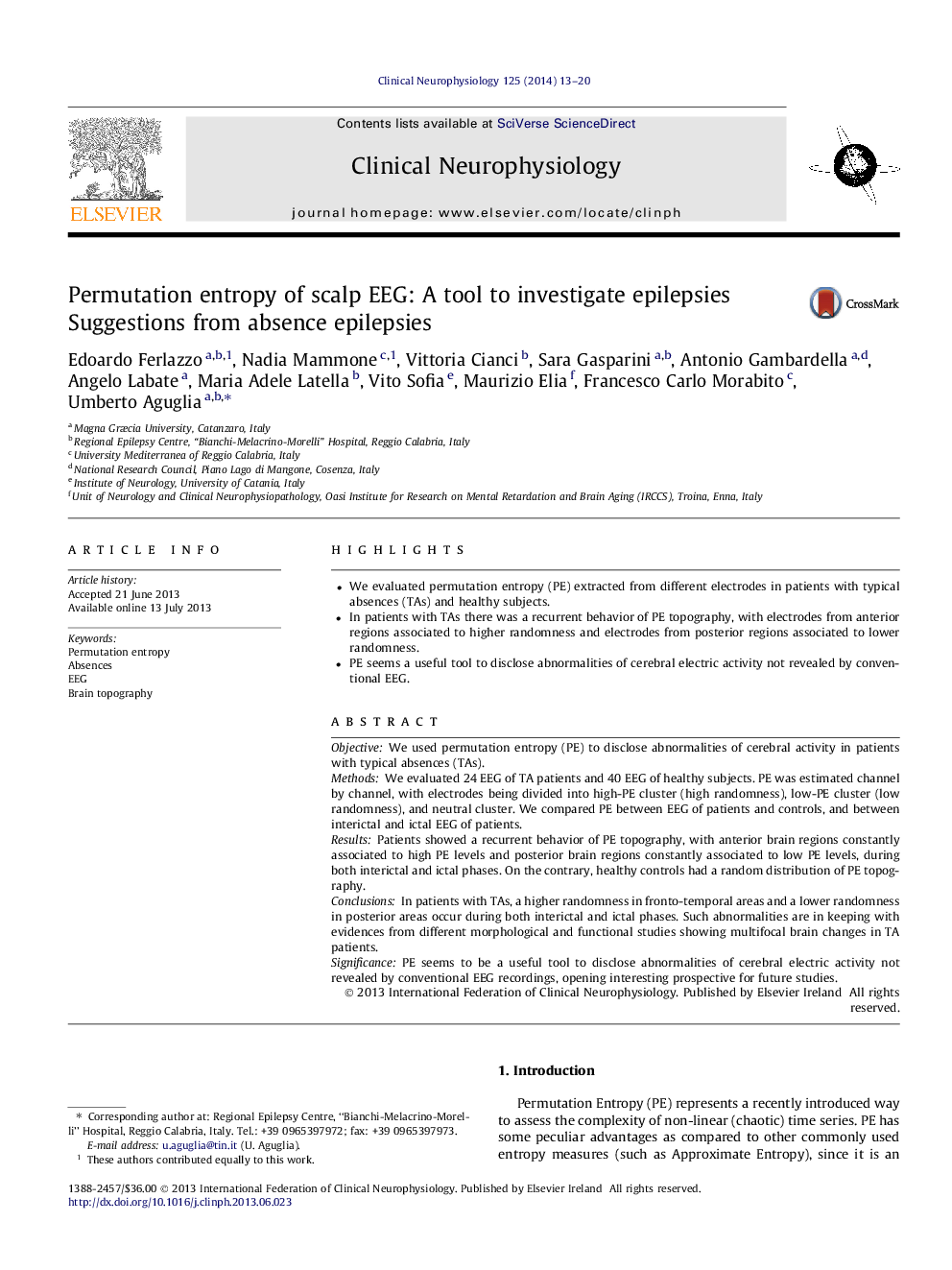 Permutation entropy of scalp EEG: A tool to investigate epilepsies: Suggestions from absence epilepsies