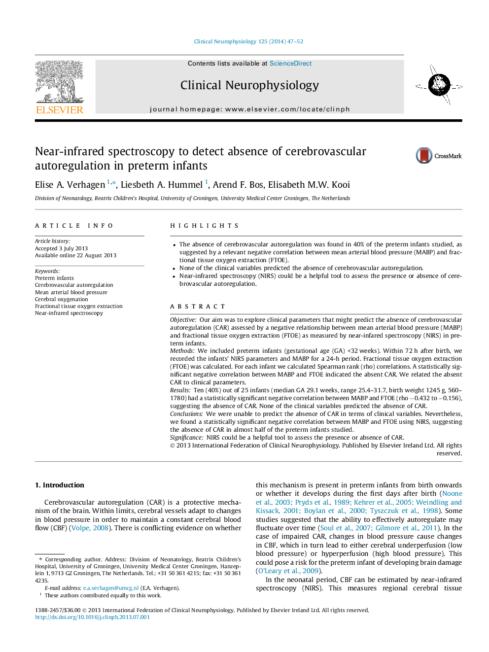 Near-infrared spectroscopy to detect absence of cerebrovascular autoregulation in preterm infants