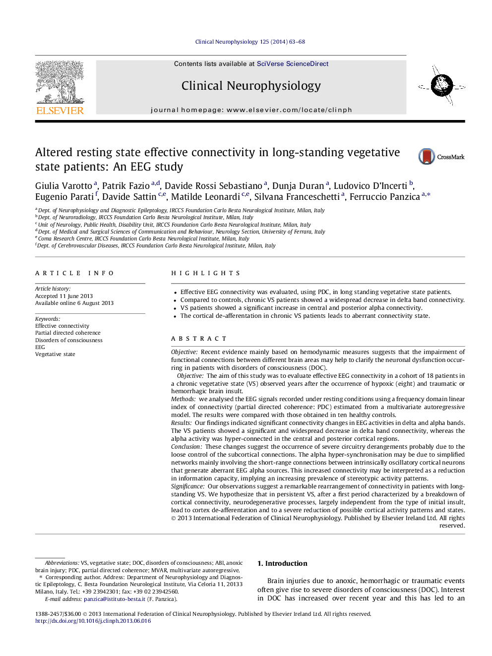 Altered resting state effective connectivity in long-standing vegetative state patients: An EEG study