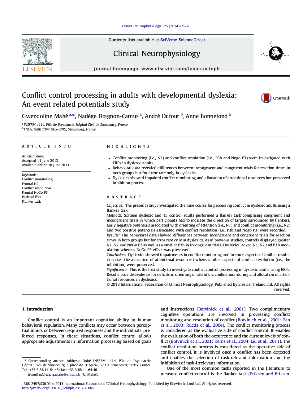 Conflict control processing in adults with developmental dyslexia: An event related potentials study