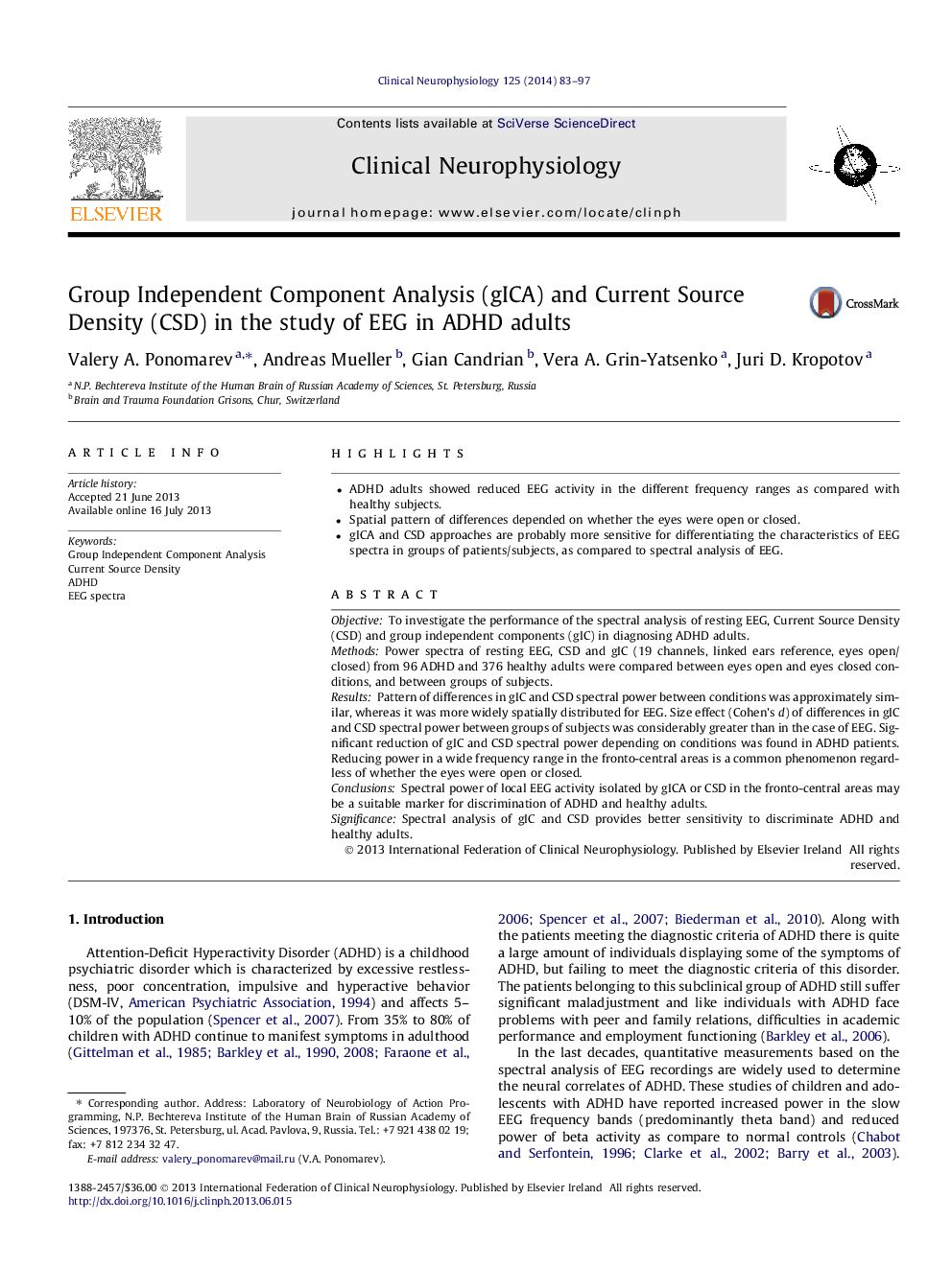 Group Independent Component Analysis (gICA) and Current Source Density (CSD) in the study of EEG in ADHD adults