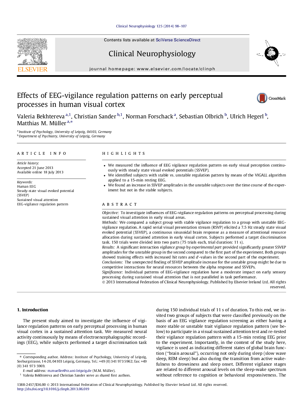 Effects of EEG-vigilance regulation patterns on early perceptual processes in human visual cortex