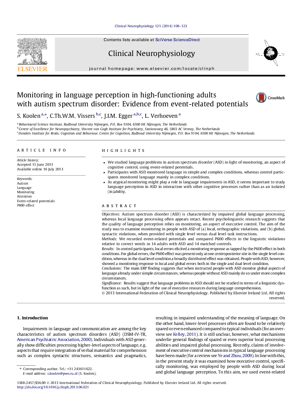 Monitoring in language perception in high-functioning adults with autism spectrum disorder: Evidence from event-related potentials