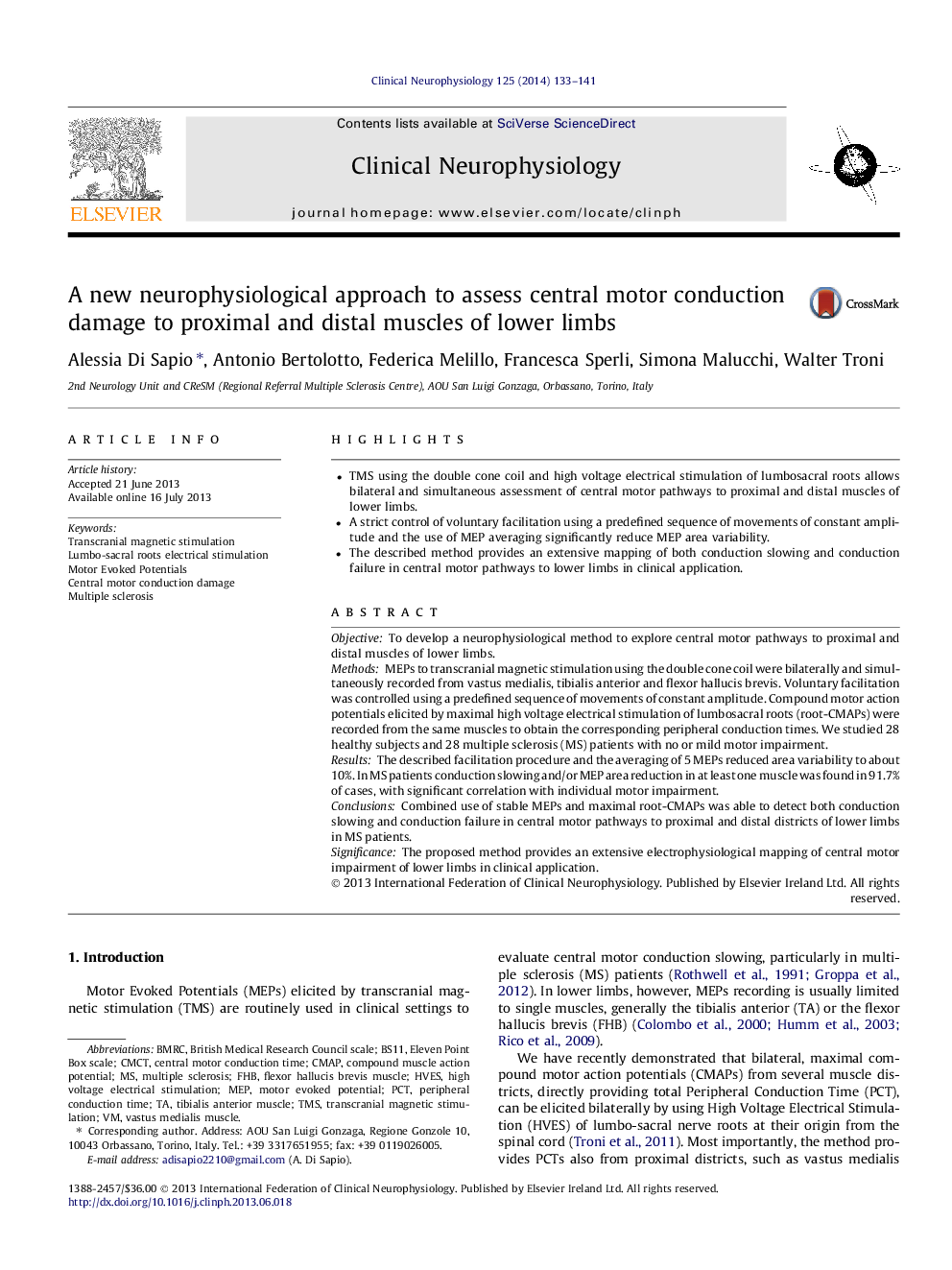 A new neurophysiological approach to assess central motor conduction damage to proximal and distal muscles of lower limbs