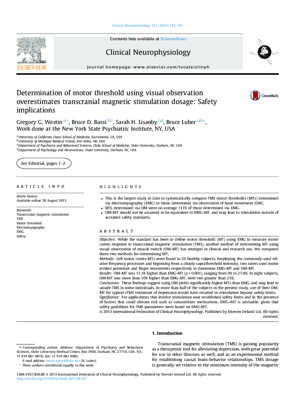 Determination of motor threshold using visual observation overestimates transcranial magnetic stimulation dosage: Safety implications